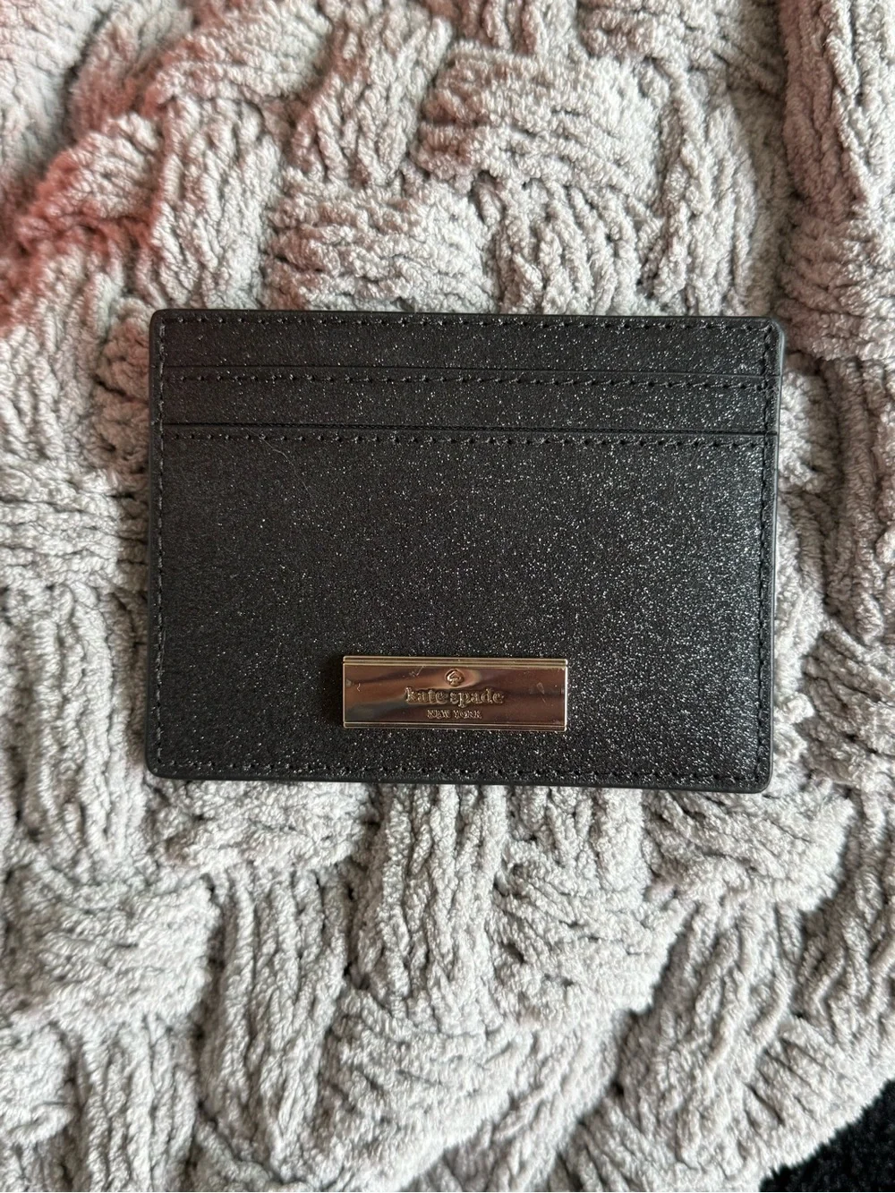 kate spade Black Glitter Slim Card Holder with Metal Logo
